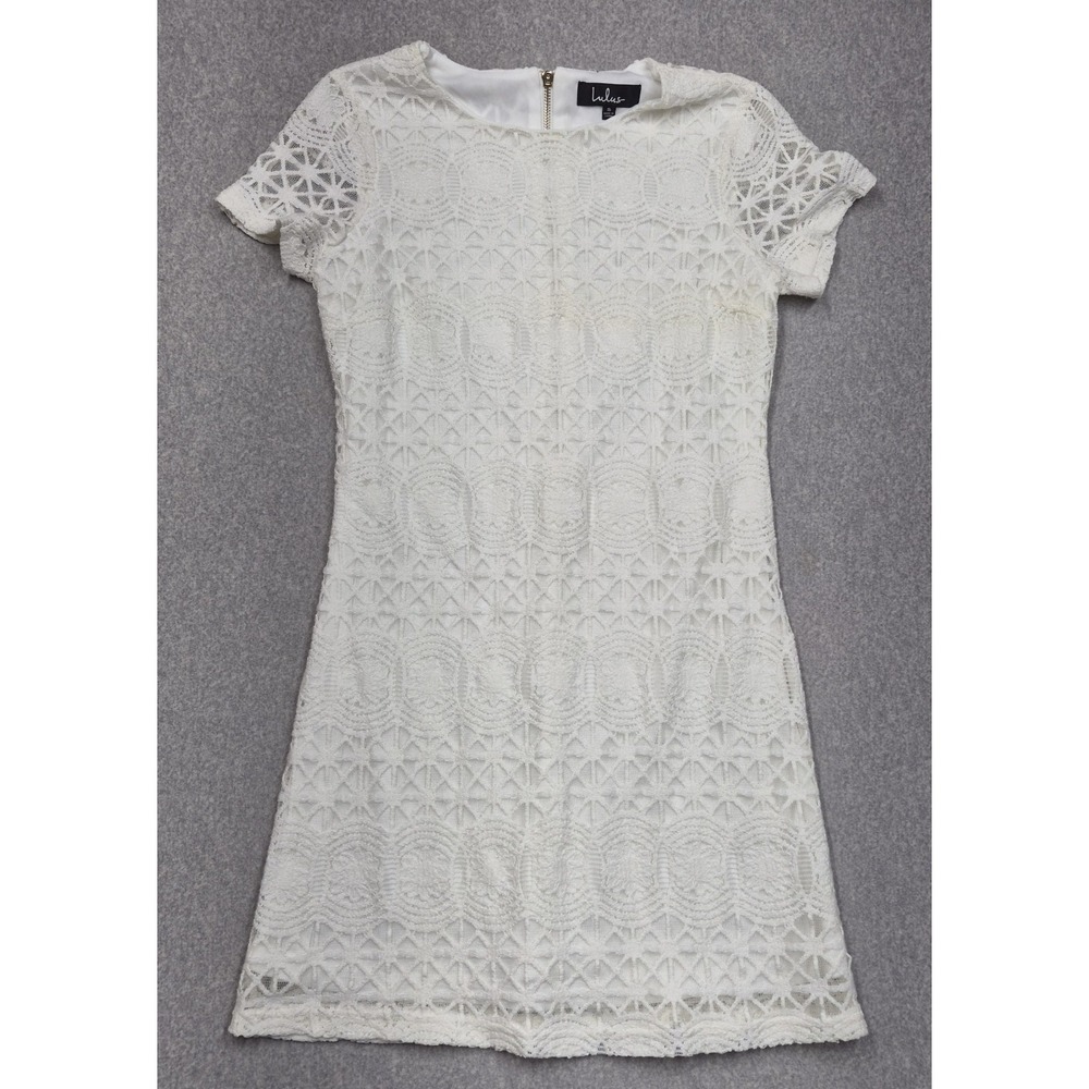 Lulus Womens Dress S White Floral Lace Short Sleeve Exposed Zip Lined Mini